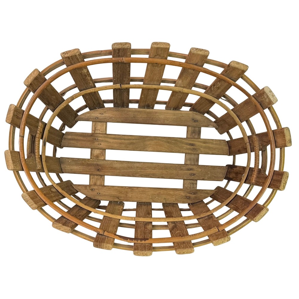 Vintage Large Oval Wooden Slats & Bamboo Basket Rustic Decor Storage Cottagecore - Picture 7 of 9